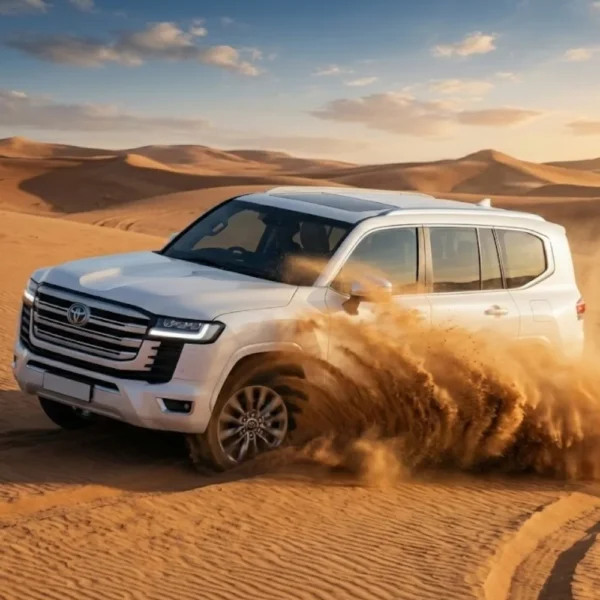 Safari vehicle driving through golden Dubai desert dunes